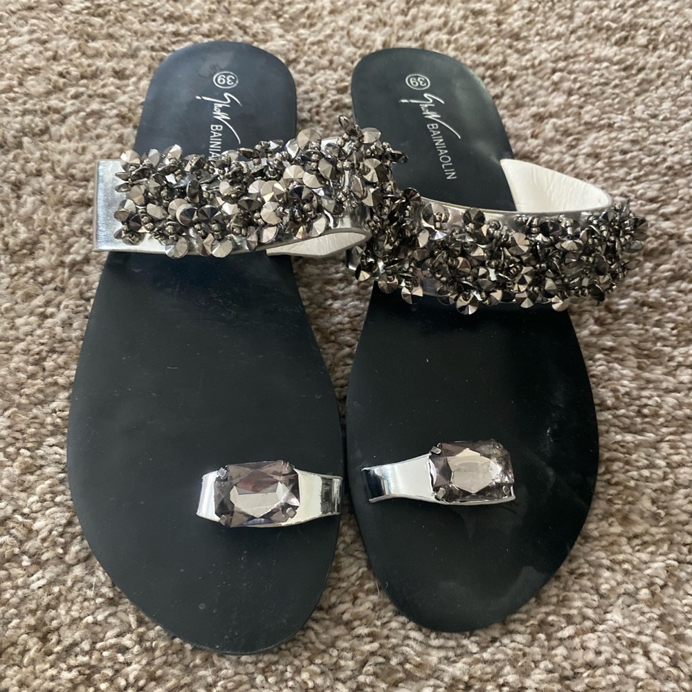 Black and Silver Embellished Slip-On Sandals